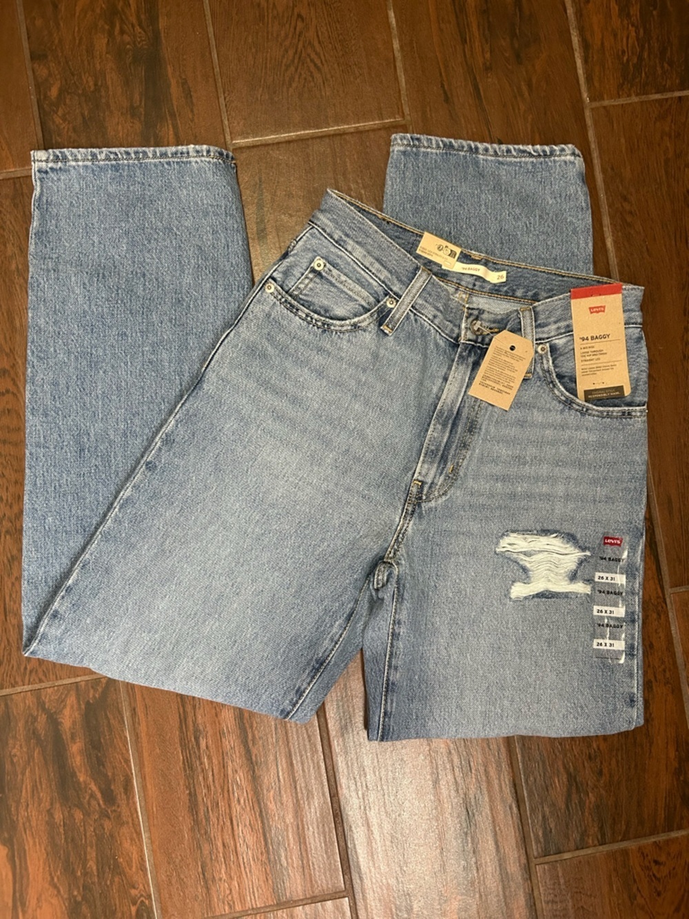 Levi’s 94 Baggy Distressed Mid Rise Straight Leg Denim Jeans